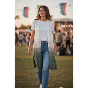 Est 1946  Women's Sleeveless Duster Crochet Sweater Vest Ombré M Festival Boho